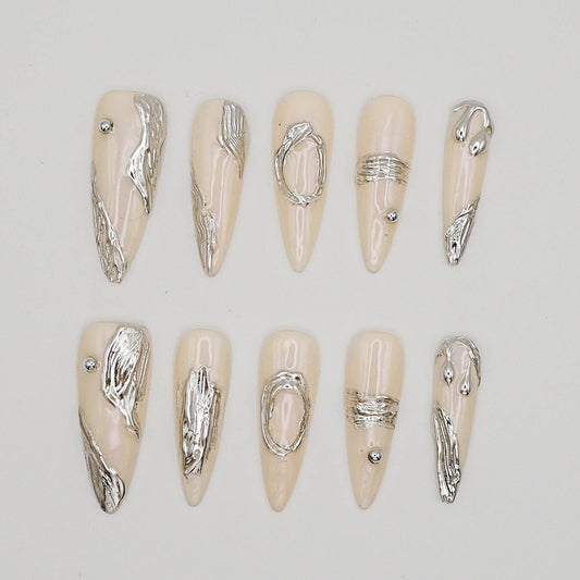 Molten Metal Press-On Nails – Nude Chrome Abstract Sculptural Design