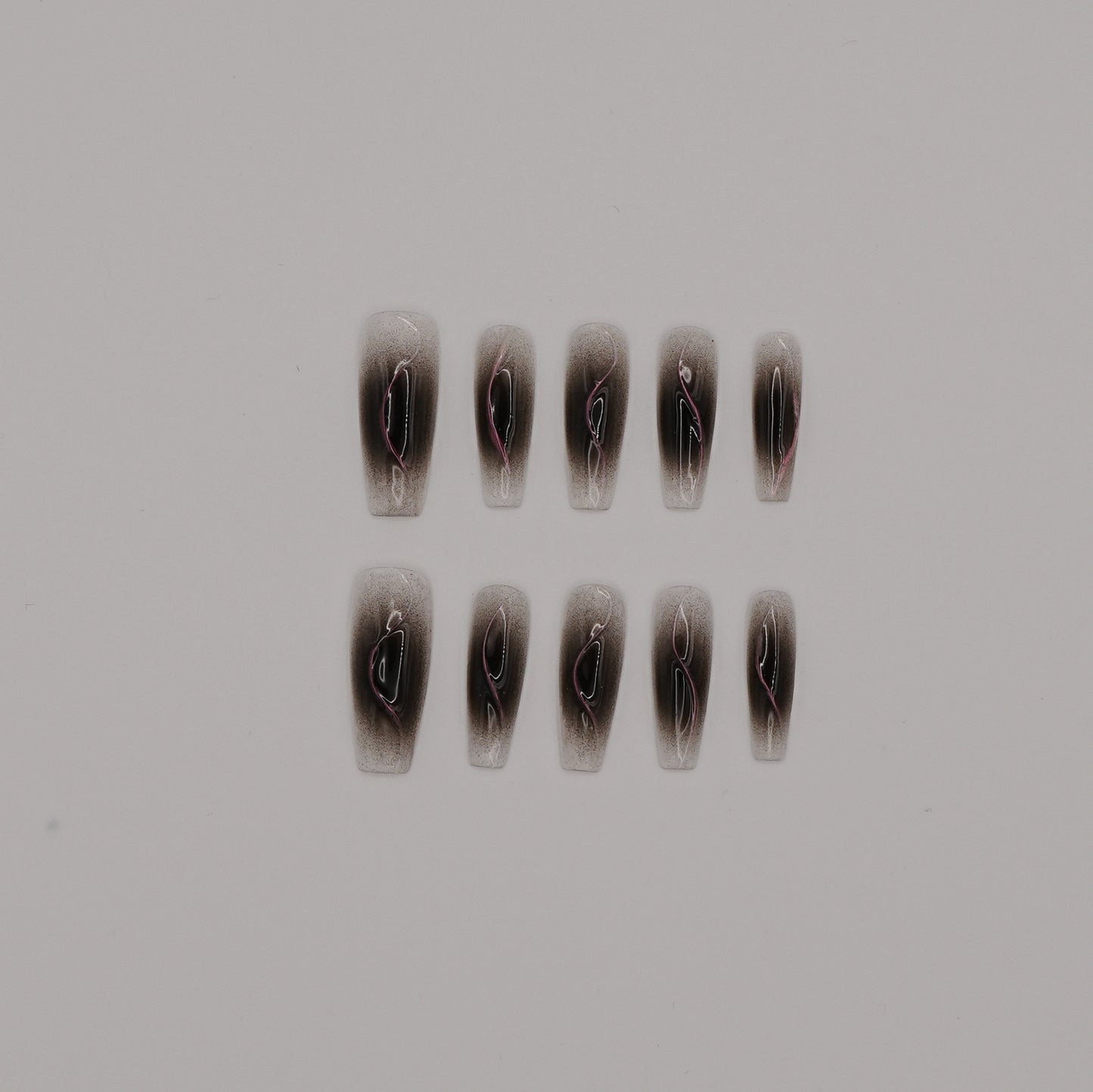Smoke Veil Press-On Nails – Black Ombre with Abstract Silver & Lilac Lines
