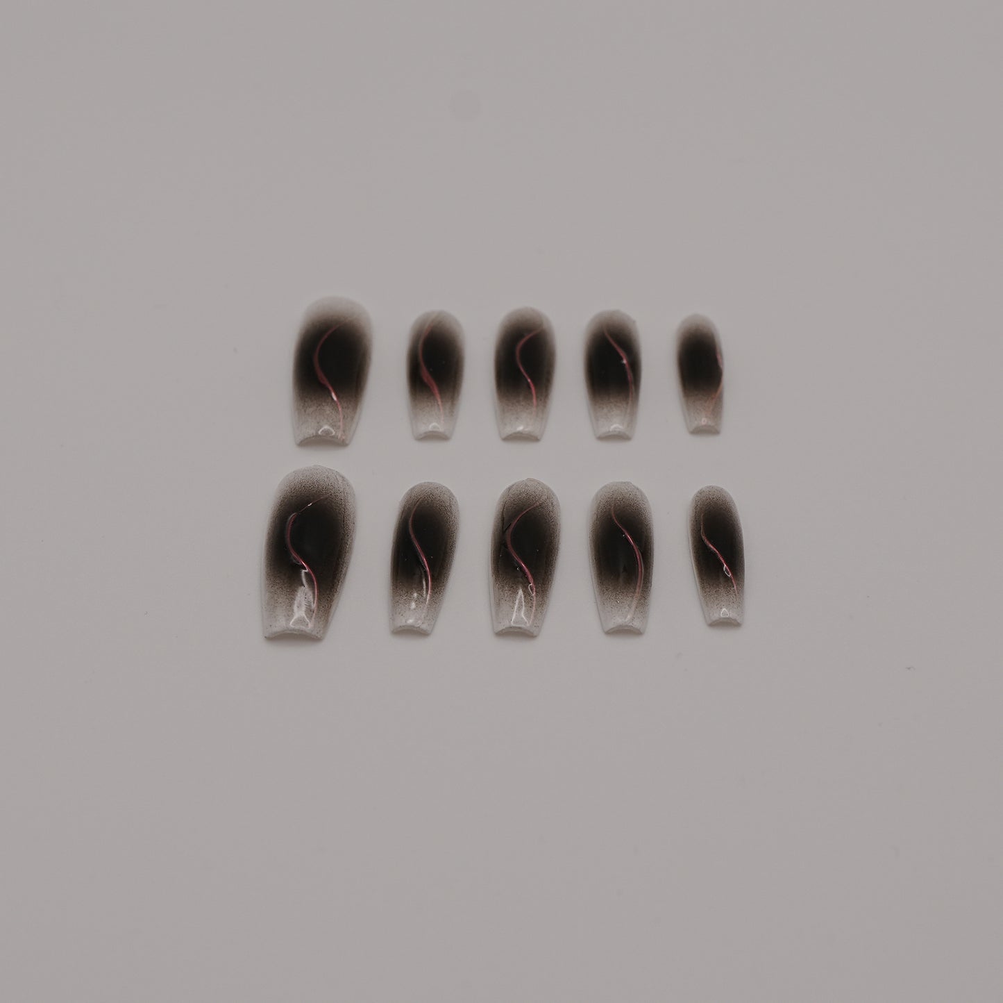 Smoke Veil Press-On Nails – Black Ombre with Abstract Silver & Lilac Lines