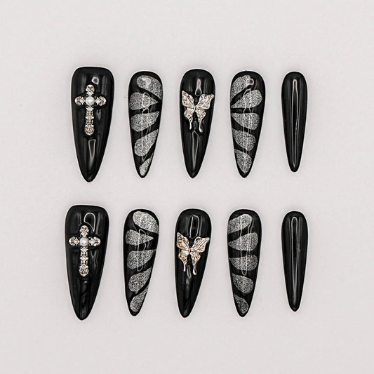 Gothic Wings Press-On Nails – Glossy Black with Silver Butterfly and Cross Charms