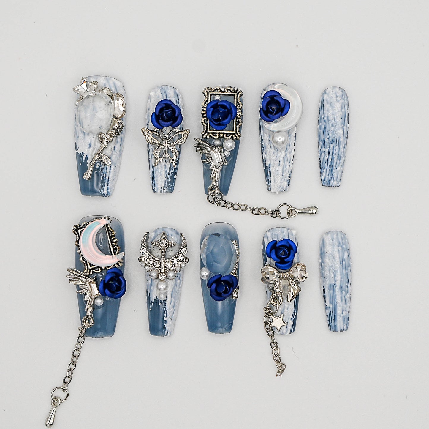Midnight Garden Press-On Nails – Blue Marble with Moon, Butterfly & Rose Charms