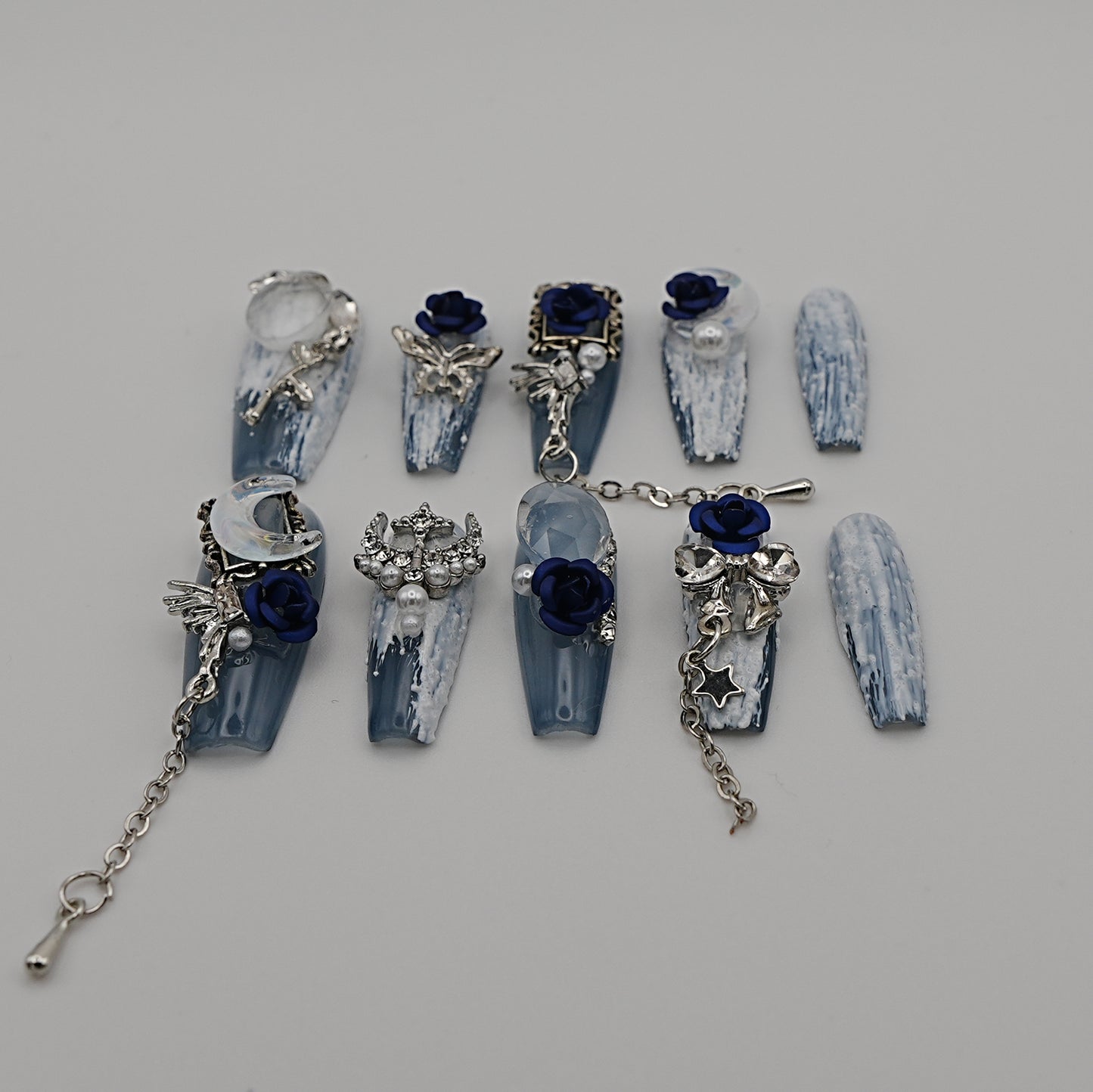 Midnight Garden Press-On Nails – Blue Marble with Moon, Butterfly & Rose Charms