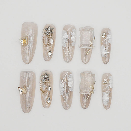 Dreamy Nude Feather Press-On Nails – 3D Pearl, Butterfly & Glitter Accents