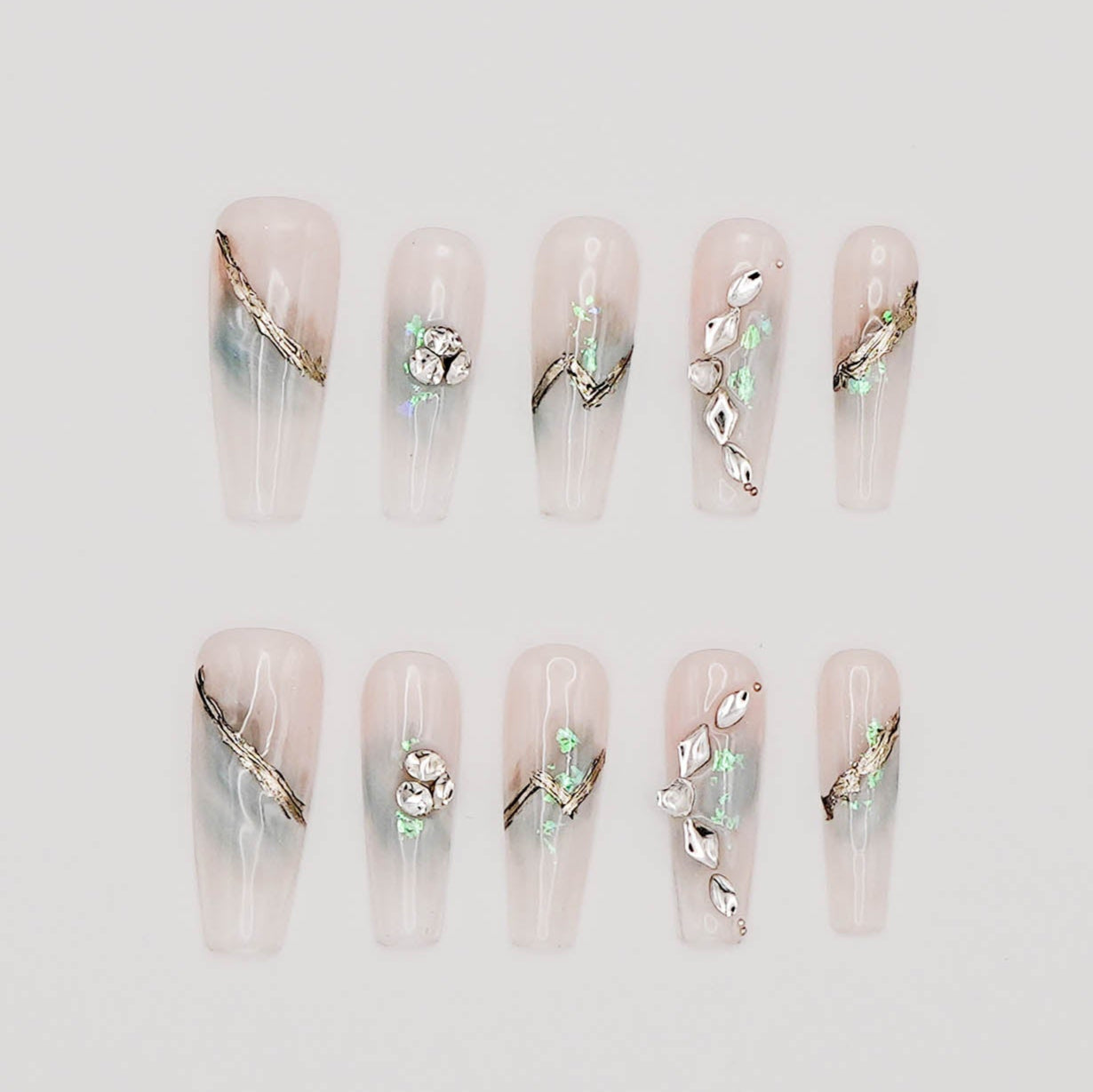 Gemflow – Sculpted Opalescent Nails with Crystal Lines & Rhinestones