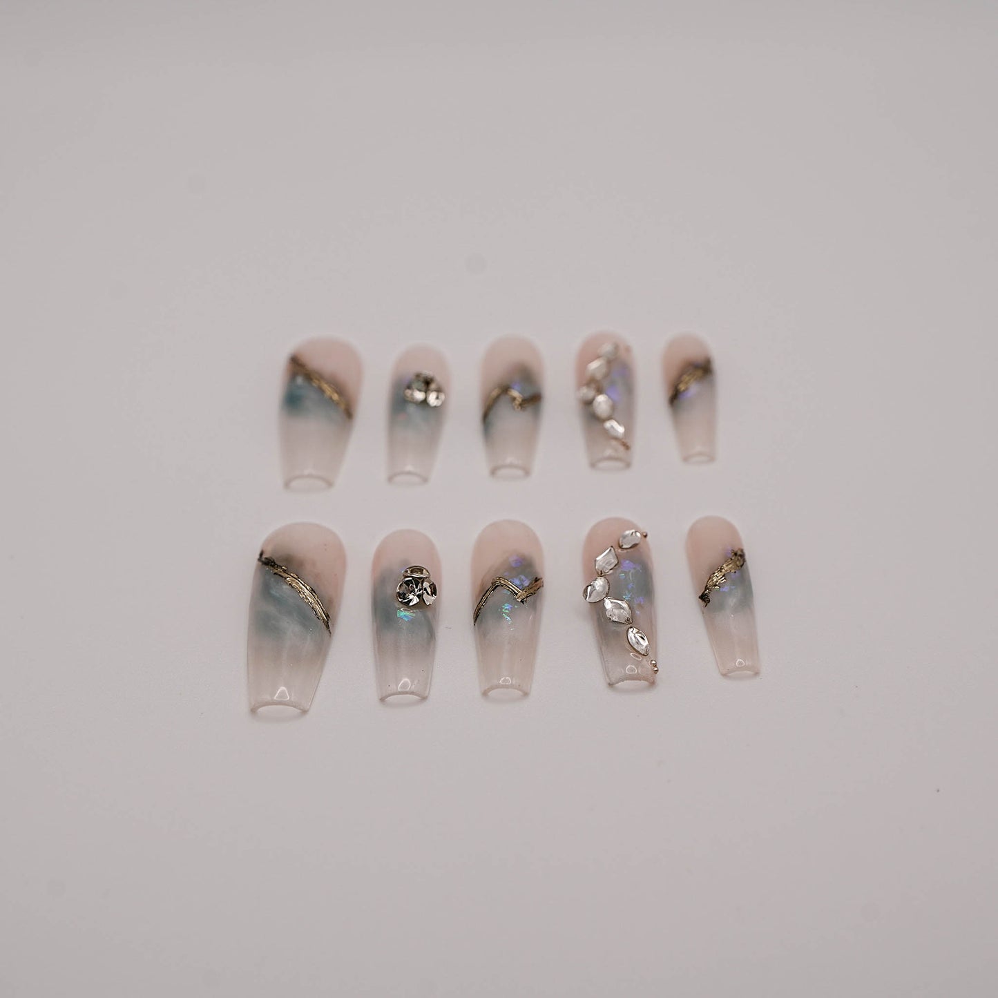 Gemflow – Sculpted Opalescent Nails with Crystal Lines & Rhinestones
