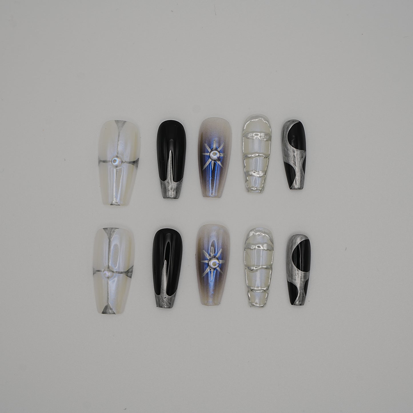 X Cosmic Wire – Black & Silver 3D Aurora Line Press-On Nails