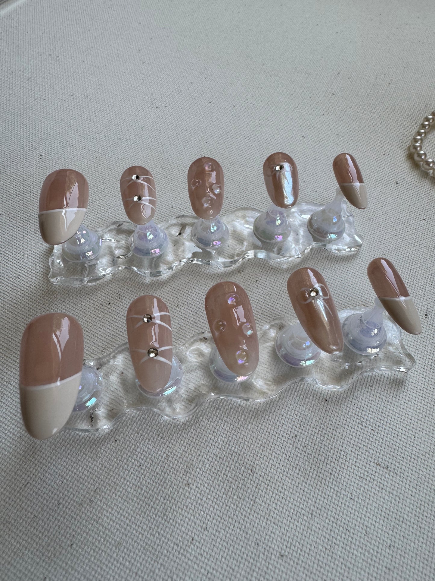 Dewdrop Kiss – Nude French with Bow and Waterdrop Accents