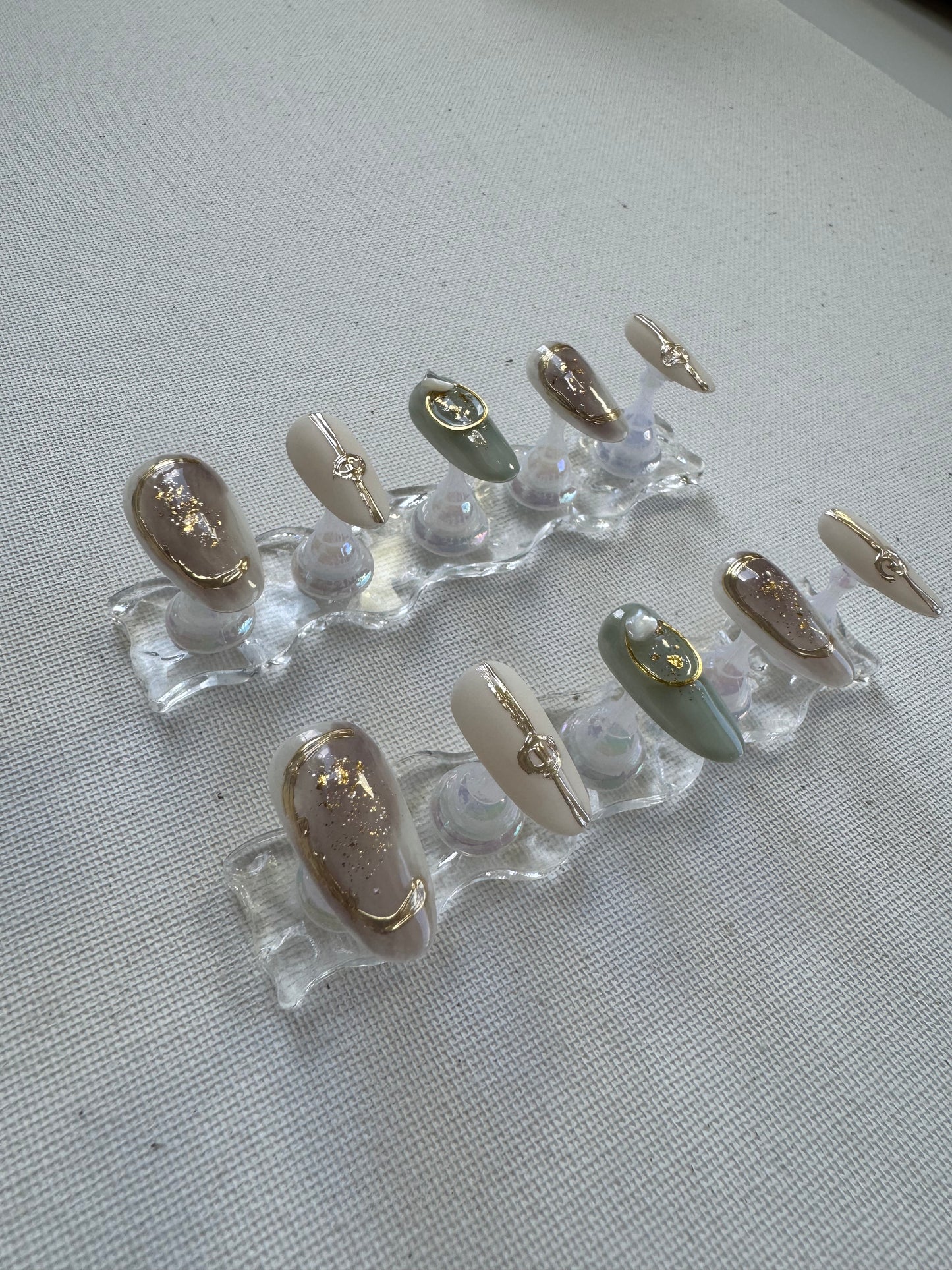 Gold Foil Nude Nails with Greek Motif & Jade Green