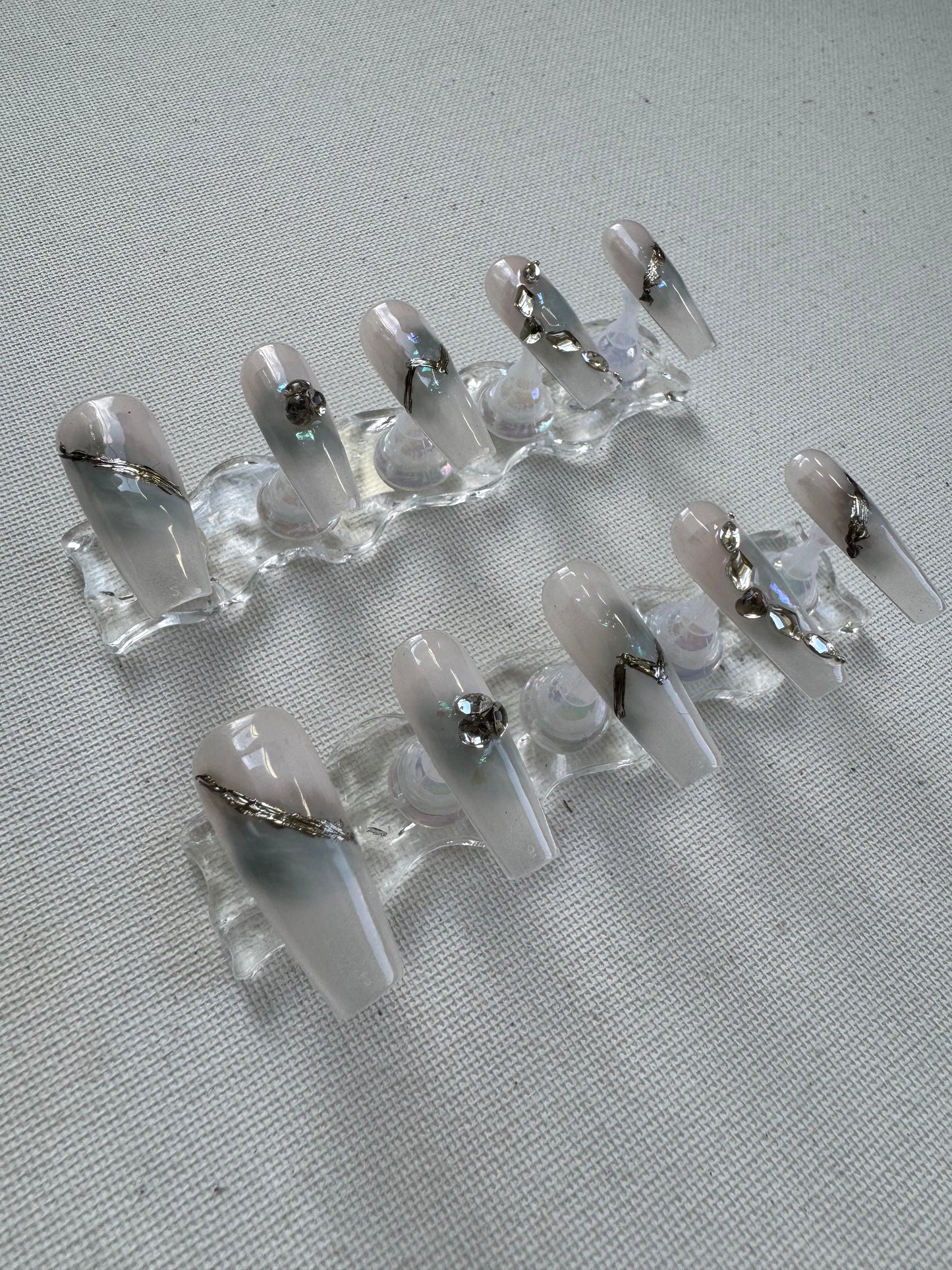 Gemflow – Sculpted Opalescent Nails with Crystal Lines & Rhinestones