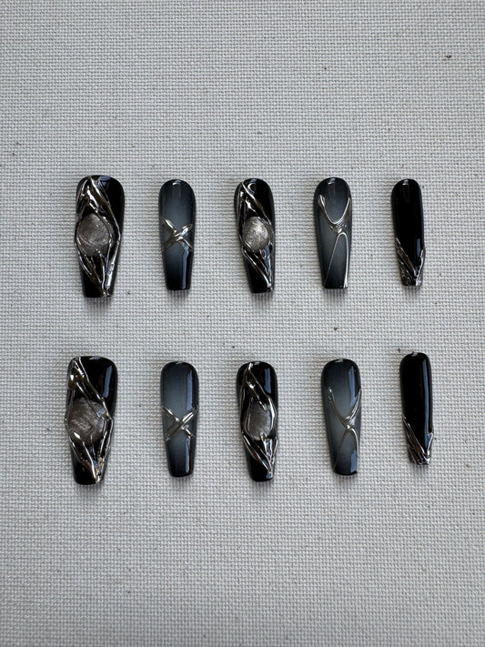 Cyber Circuit – 3D Chrome Lines Press-On Nails in Black & Silver
