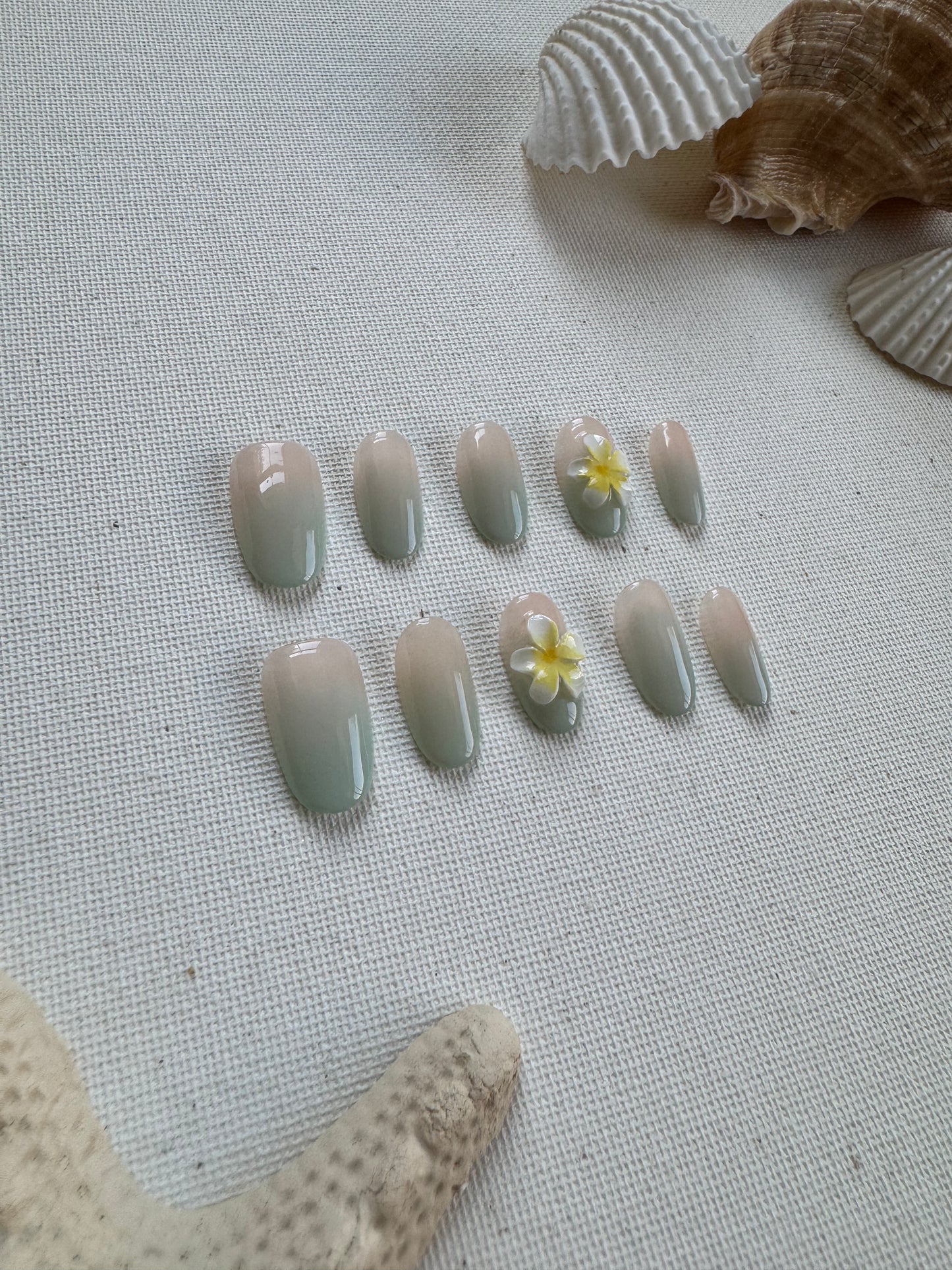 Tropical Breeze Ombre – Nude & Pink-Green Gradient Floral Nails