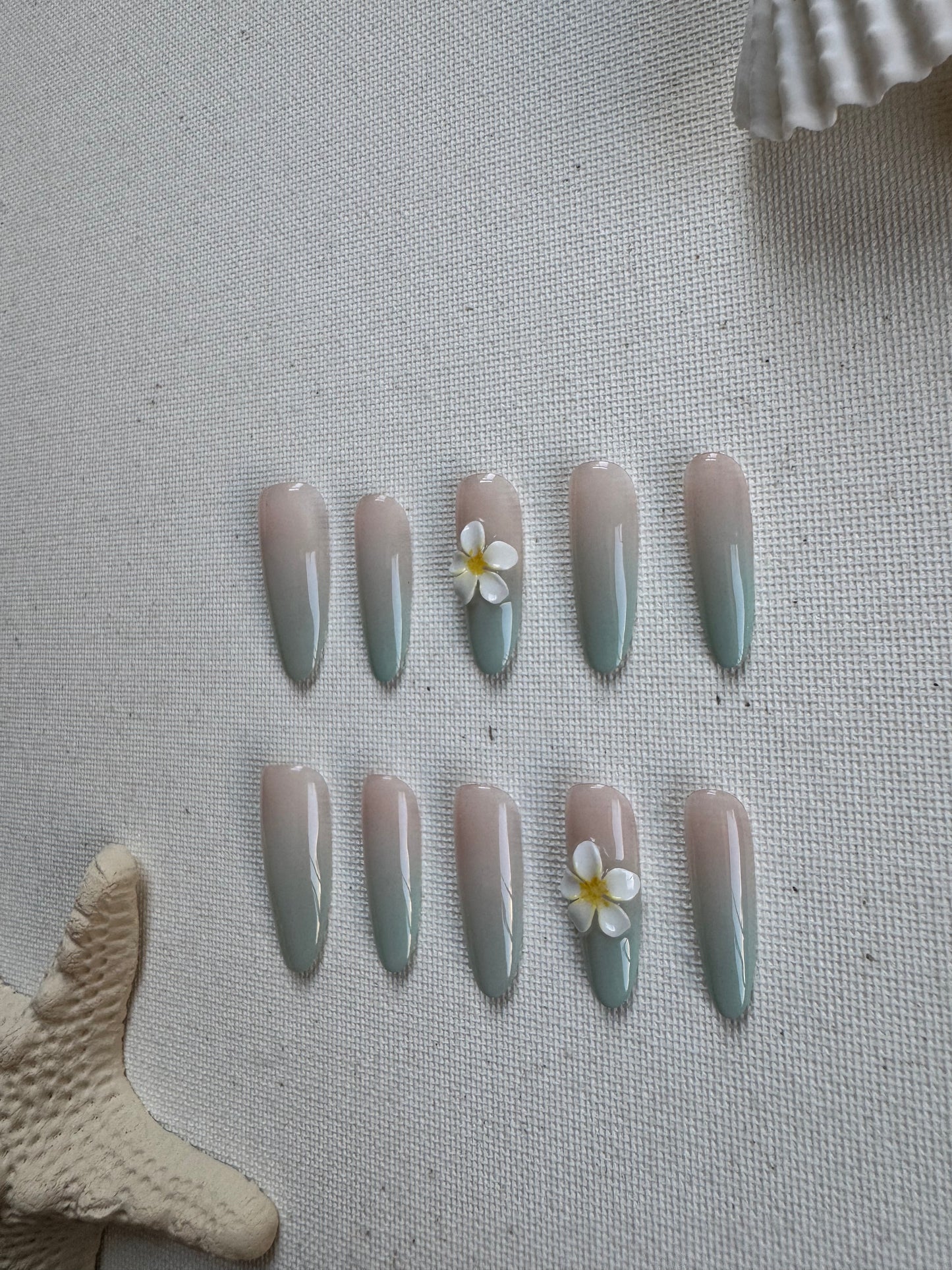 Tropical Breeze Ombre – Nude & Pink-Green Gradient Floral Nails