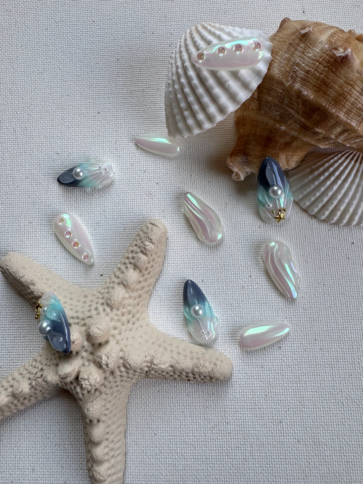 Shell Mirage – Pearlescent Ombre Press-On Nails with 3D Shell Art