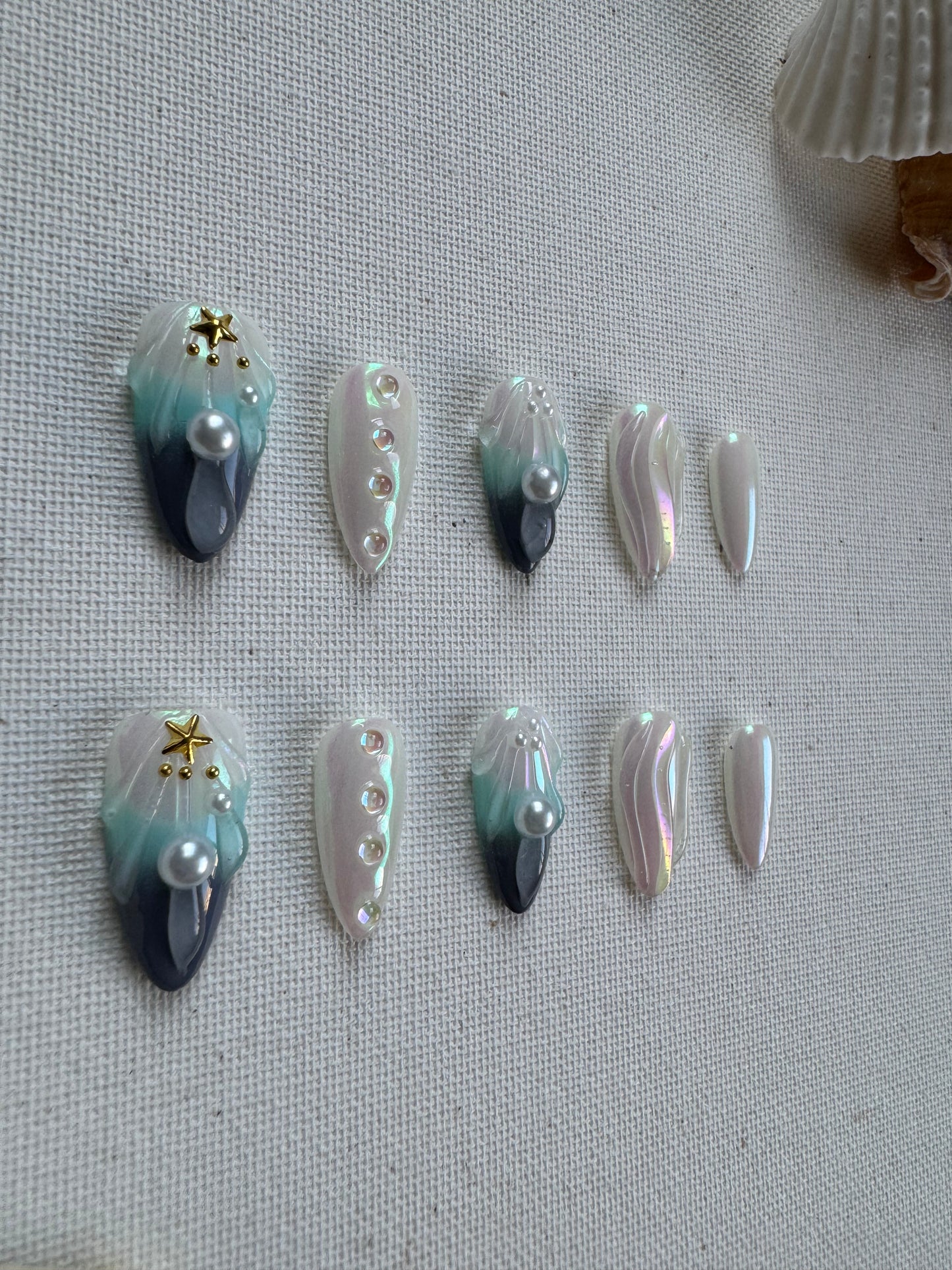 Shell Mirage – Pearlescent Ombre Press-On Nails with 3D Shell Art