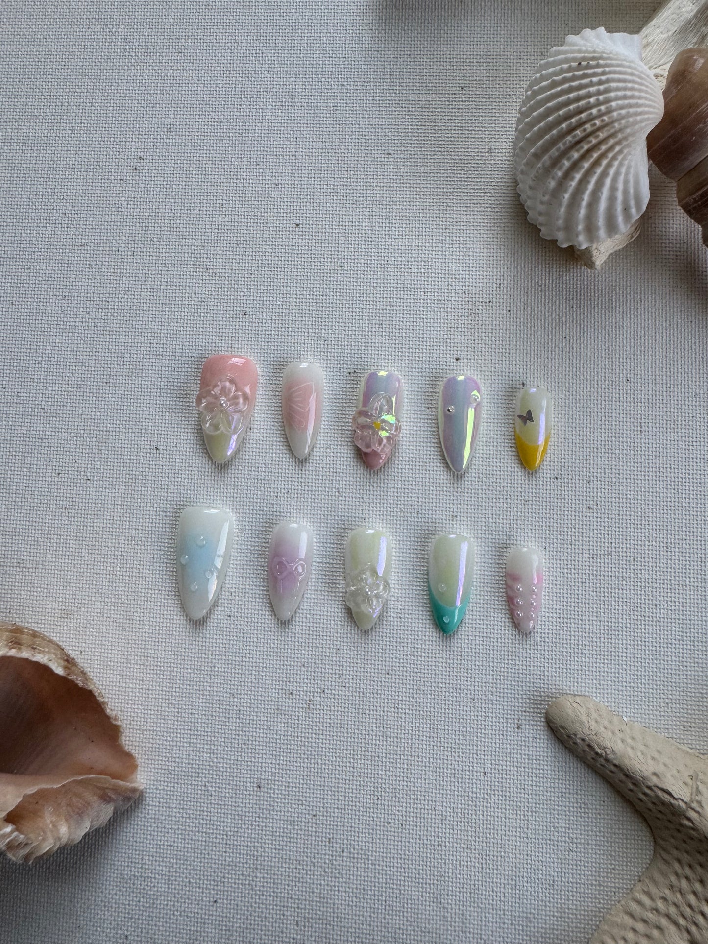 Crystal Bloom – Pink & White Transparent Press-On Nails with 3D Floral Art