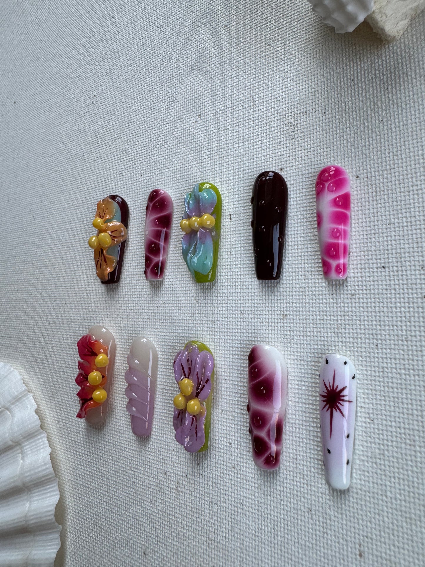 Carnival Flora – 3D Hand-Sculpted Floral Press-On Nails in Vibrant Island Colors