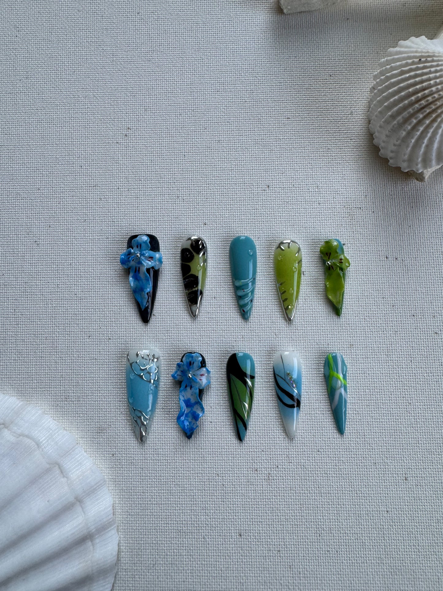 Azure Paradise – Handcrafted 3D Floral Press-Ons in Lagoon Hues
